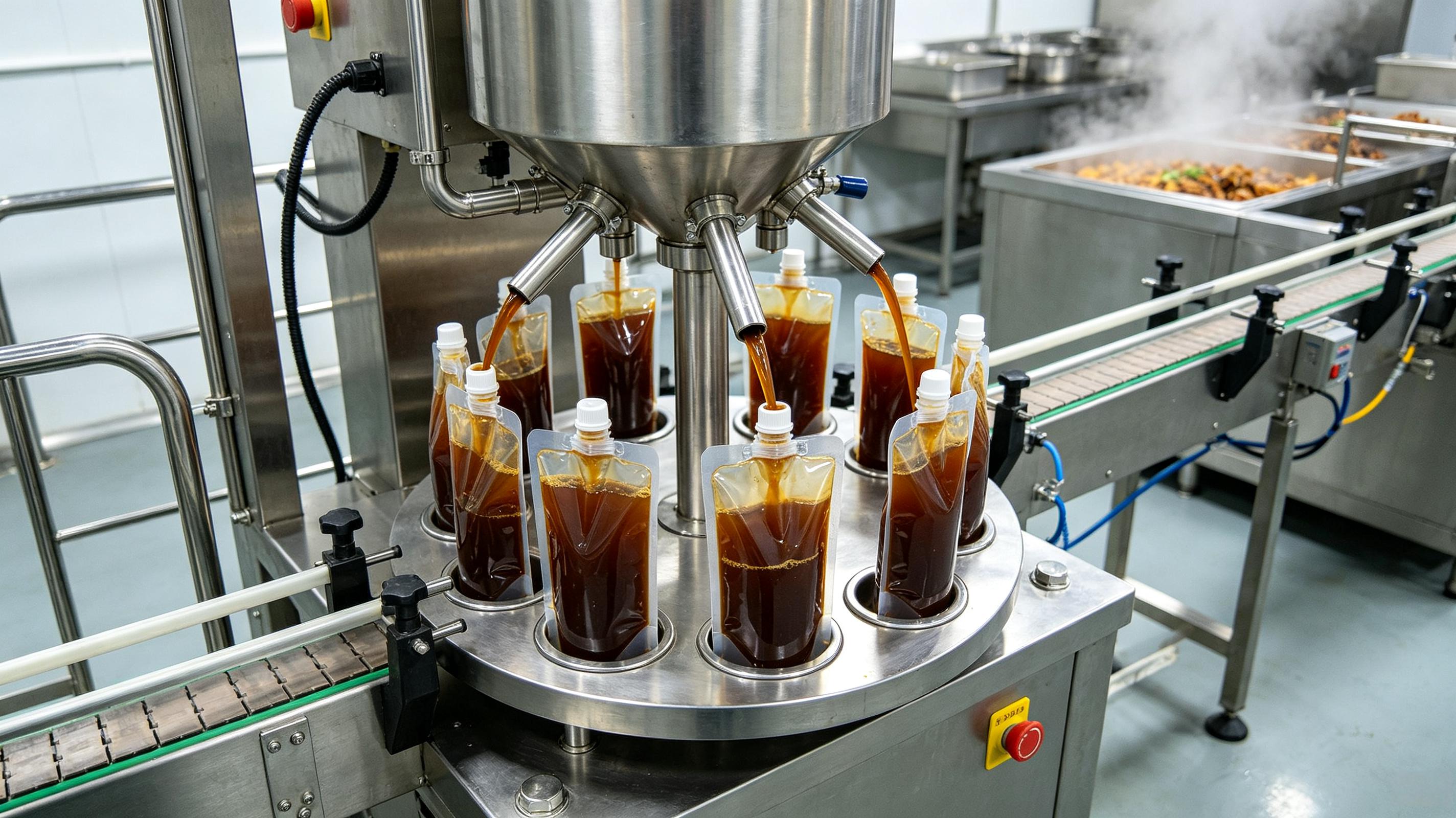 卤味熟食中央工厂吸嘴袋灌装旋盖机灌装卤汁工位实拍