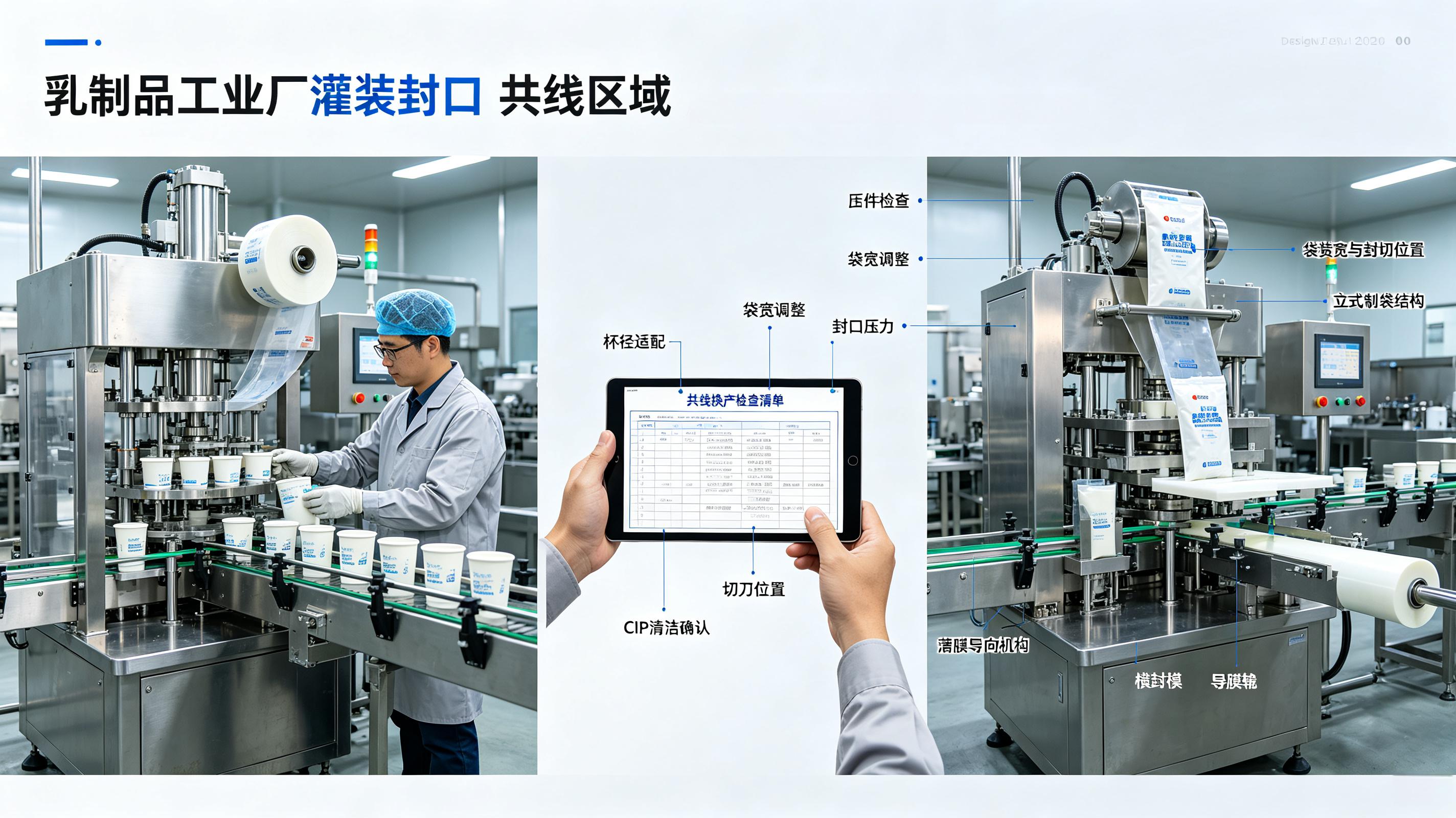 乳制品工厂杯装和袋装灌装封口机共线换产检查