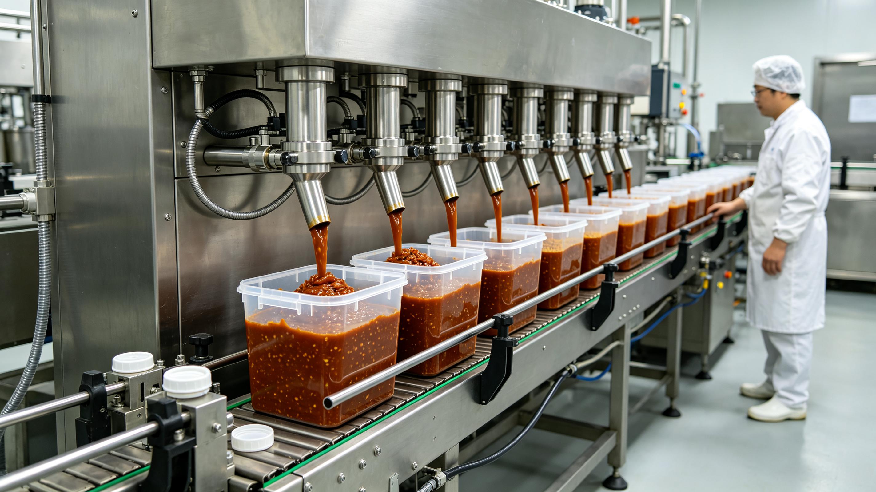 高粘度物料灌装机在酱料膏体分装线上灌装
