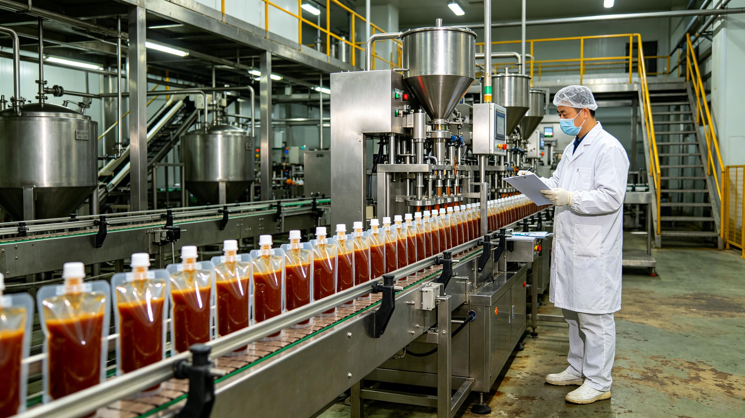 吸嘴袋灌装旋盖机在规模化酱料车间运行